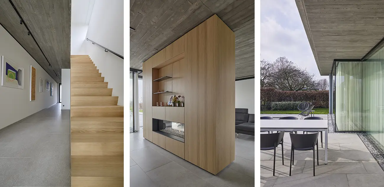 Contemporary house stairs, fireplace and concrete details